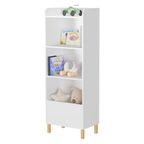 Kids 4-Tier Bookcase, Children's Book Display with Safety Restraint, White MDF & Pine Wood Storage Cabinet for Nursery, Playr