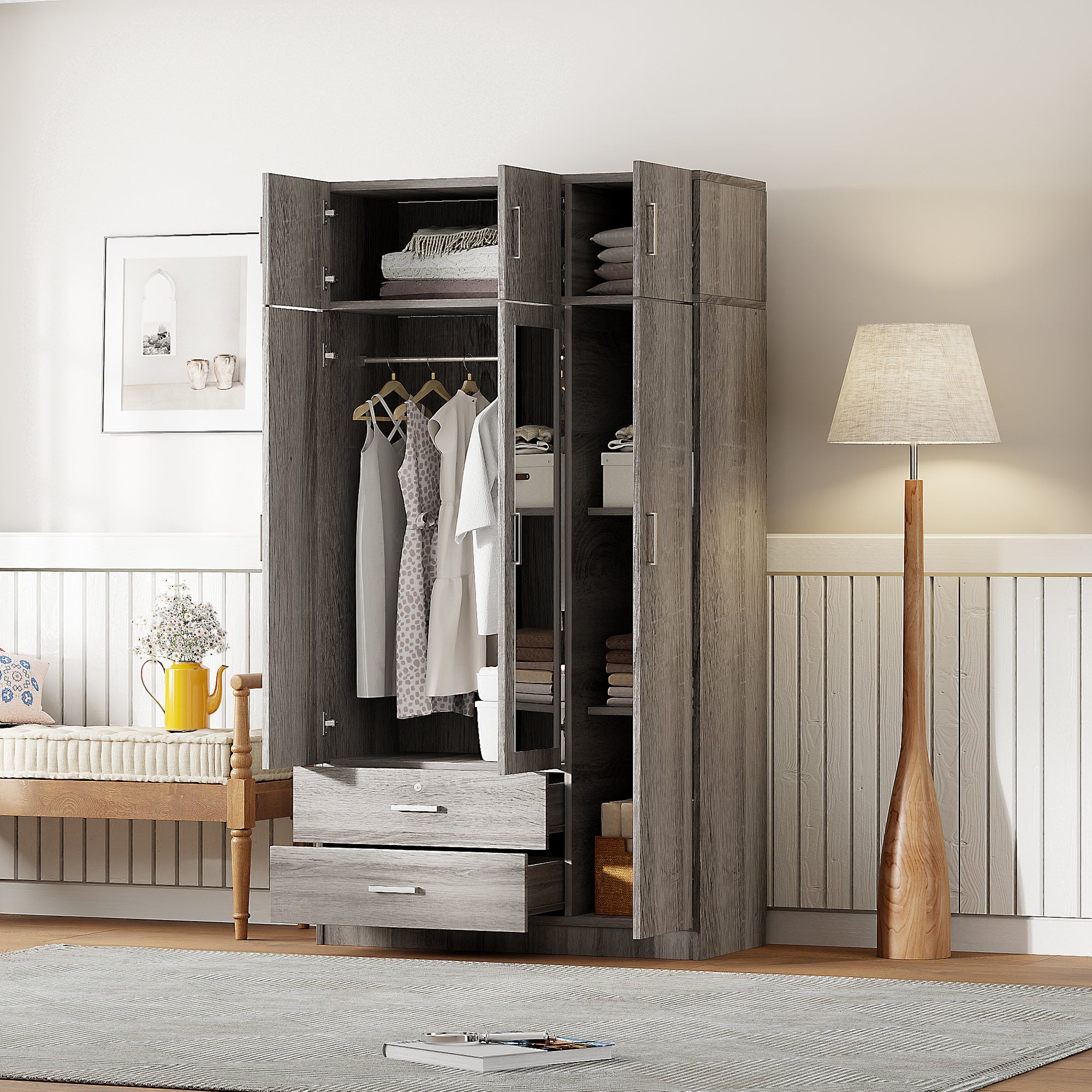 Modern Gray 3-Door Mirror Wardrobe with 2 Drawers and Top Cabinet, Particle Board - Grand Goldman Shop