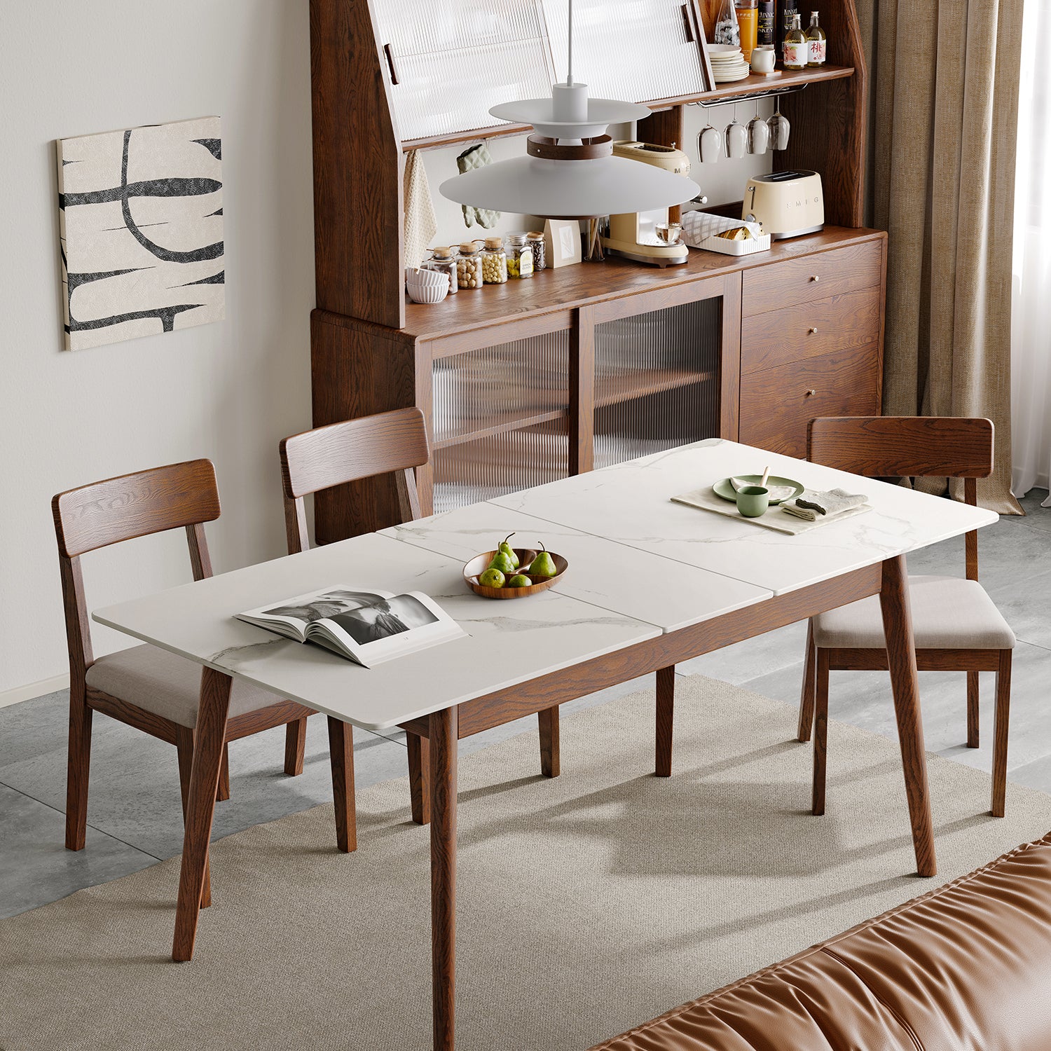Walnut Solid Oak and White Slate Telescopic Dining Table for 6-8 People, Wood (Walnut Color) - Grand Goldman Shop