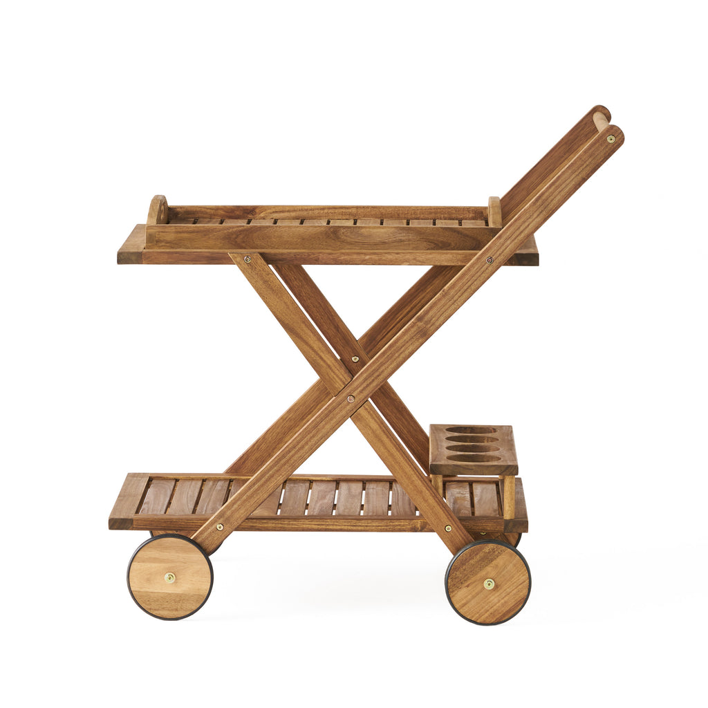 RIVIERA BAR CART Natural Stained Acacia Wood Mobile Bar Cart with Wheels for Entertaining - Grand Goldman Shop
