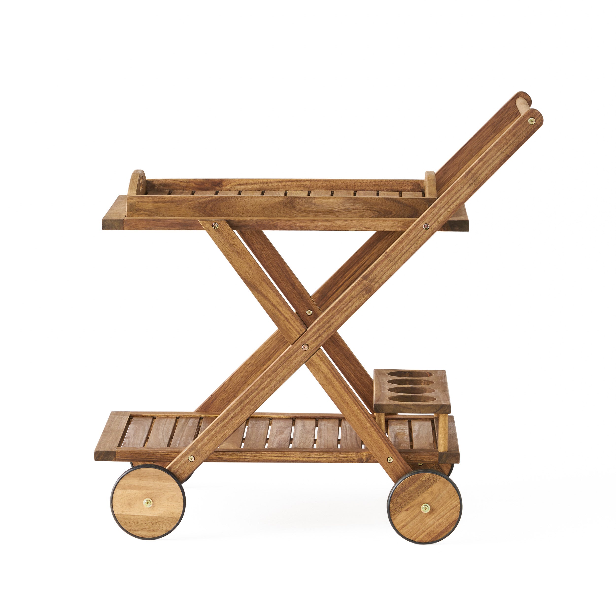 RIVIERA BAR CART Natural Stained Acacia Wood Mobile Bar Cart with Wheels for Entertaining - Grand Goldman Shop