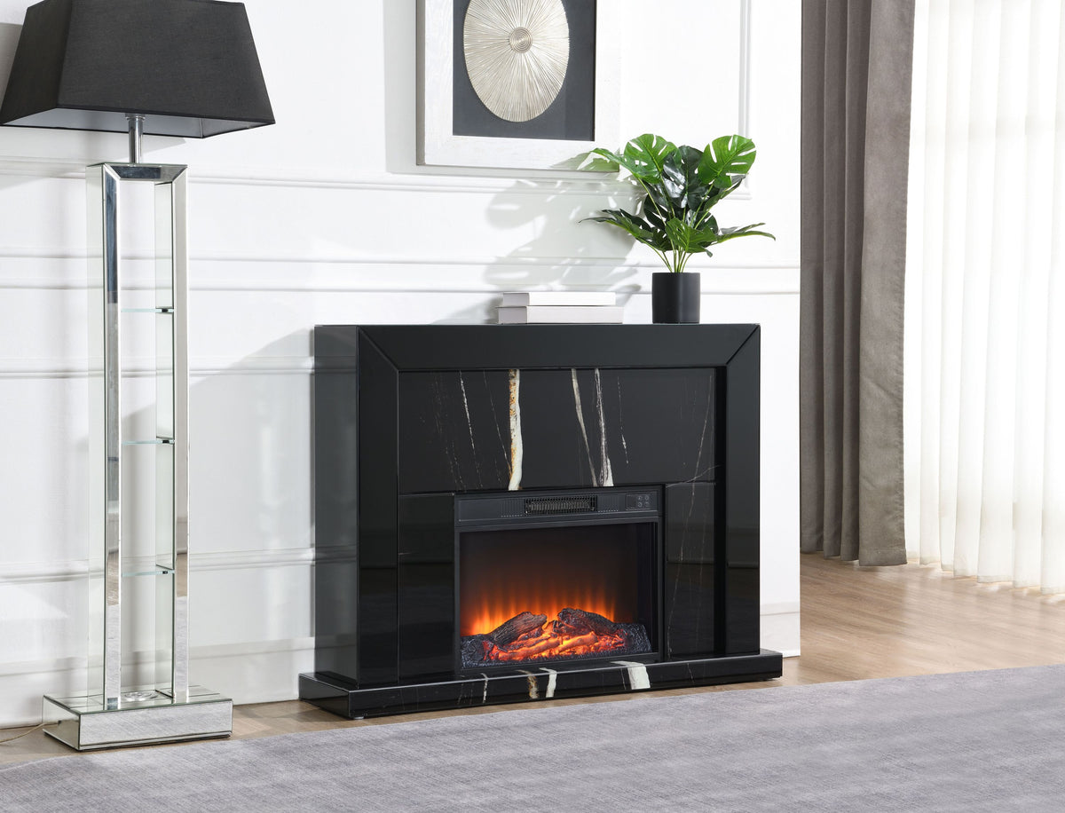 Drisana Black Mirrored Finish Fireplace - Grand Goldman Shop