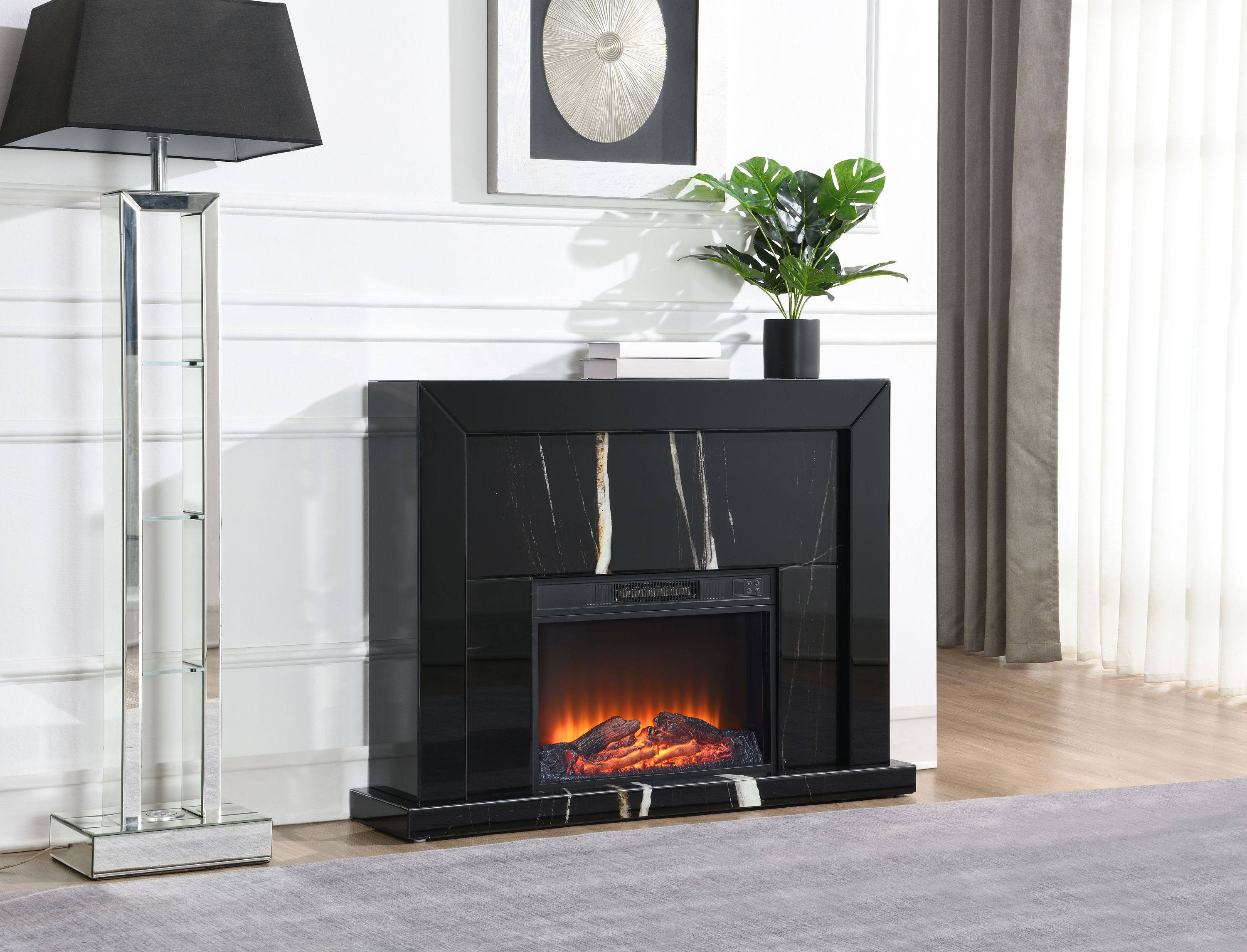 Drisana Black Mirrored Finish Fireplace - Grand Goldman Shop
