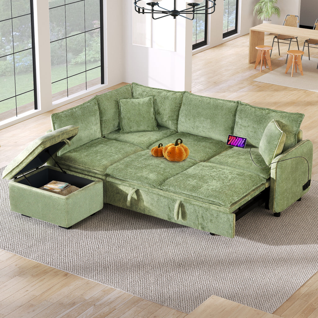 Convertible Sofa Bed Sectional Sofa Sleeper with Storage Ottoman, Green Chenille, 82.67 inches - Grand Goldman Shop