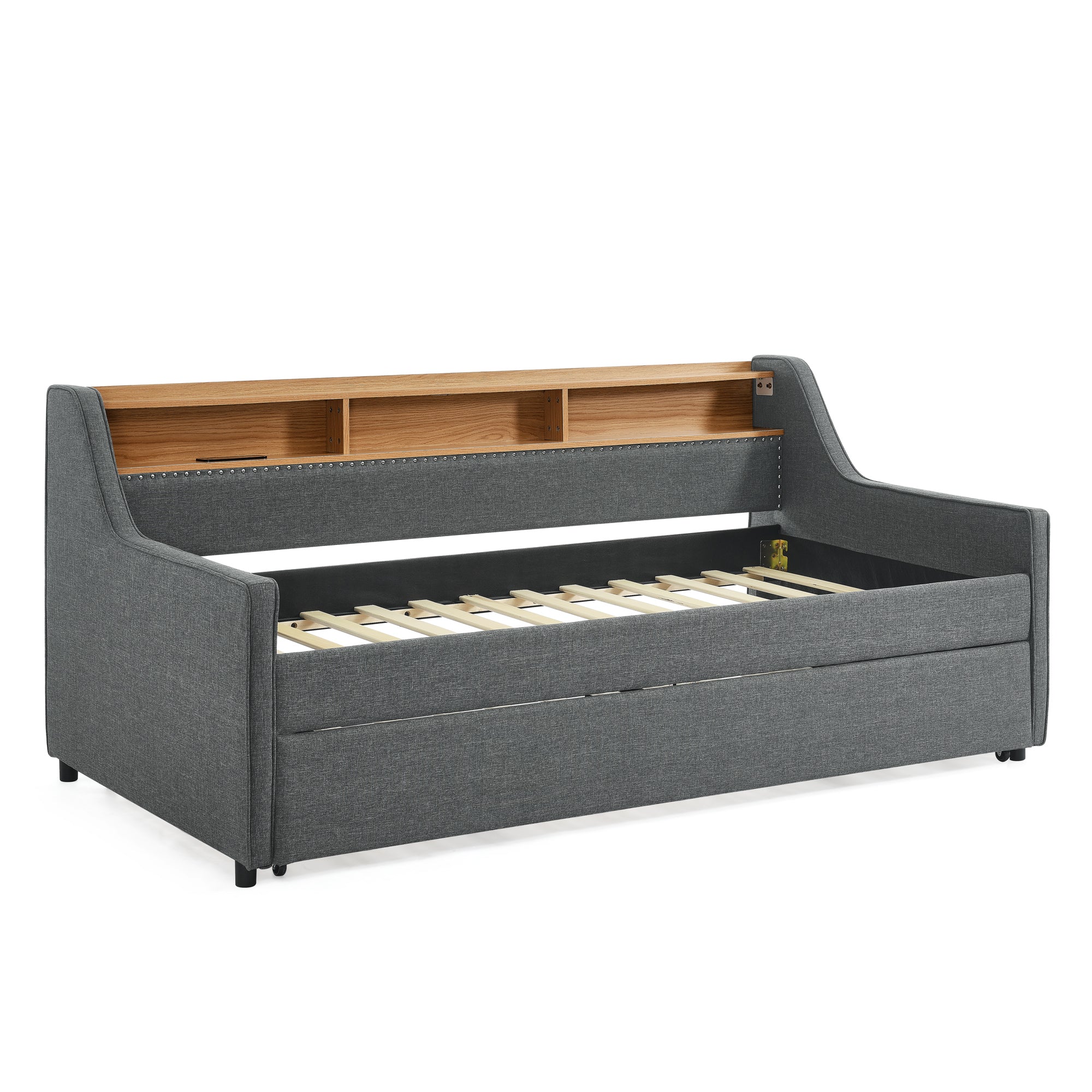 Grey Linen Upholstered Twin Sofa Bed with LED Lights, Storage Headboard, Foldable Trundle & Wireless Charging - Grand Goldman Shop