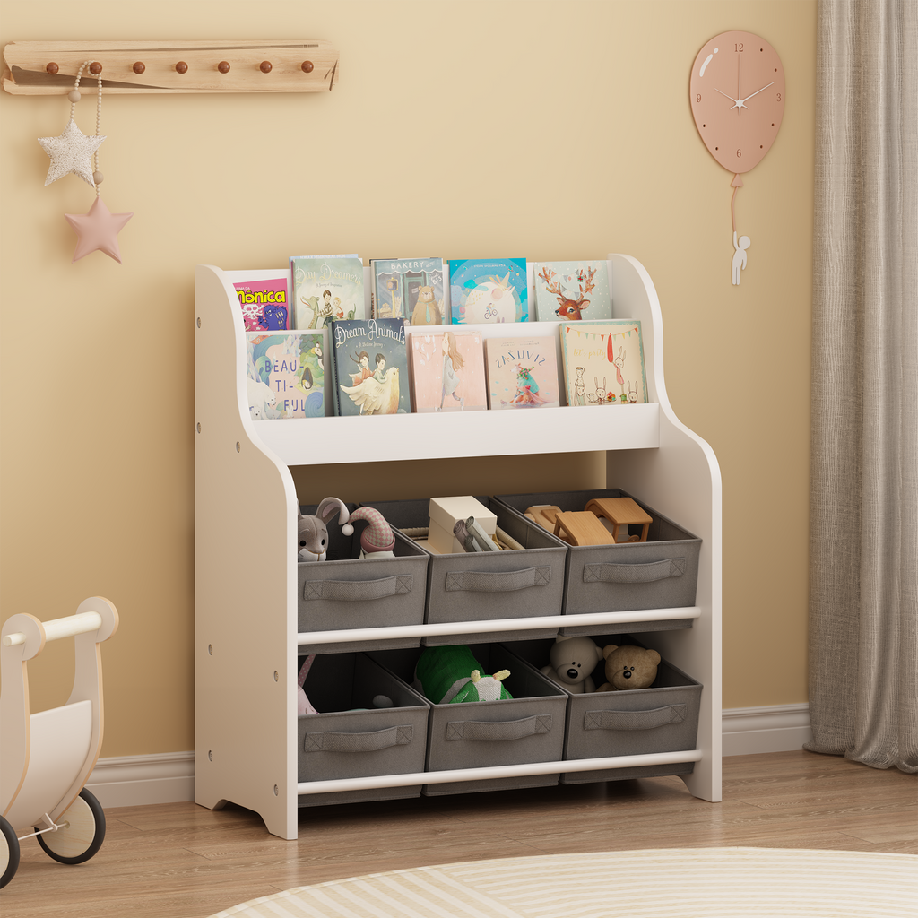 Kids Bookshelf with 6 Fabric Storage Bins, Multi-Functional Children's Bookcase and Toy Organizer, Front-Facing Display Shelf