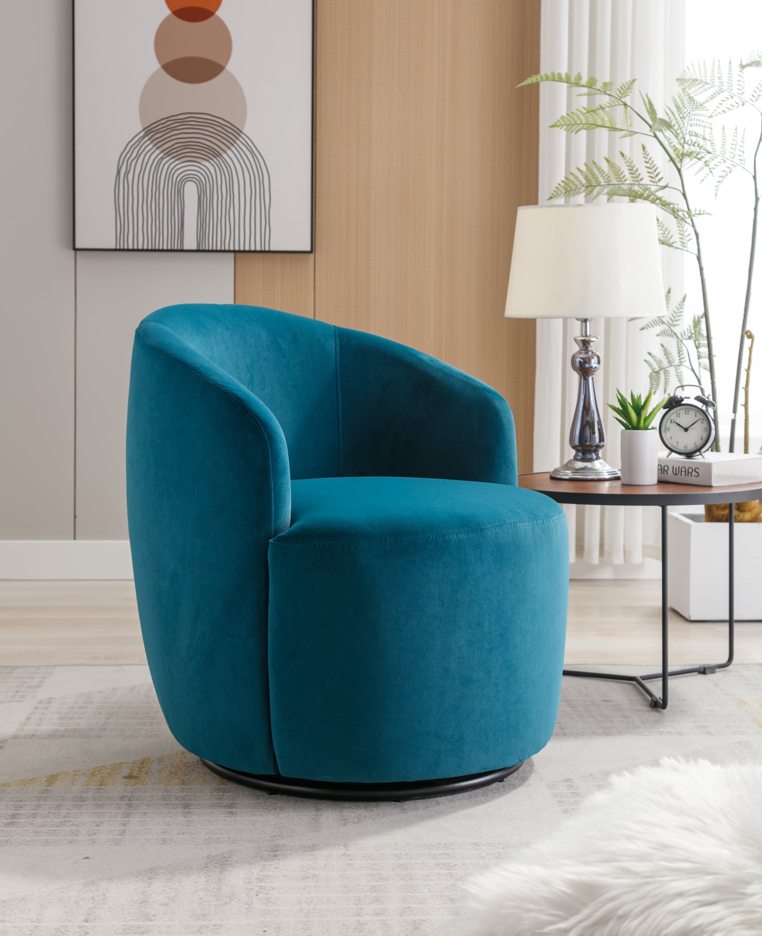 Velvet Fabric Swivel Accent Armchair Barrel Chair With Black Powder Coating Metal Ring,Teal - Grand Goldman Shop