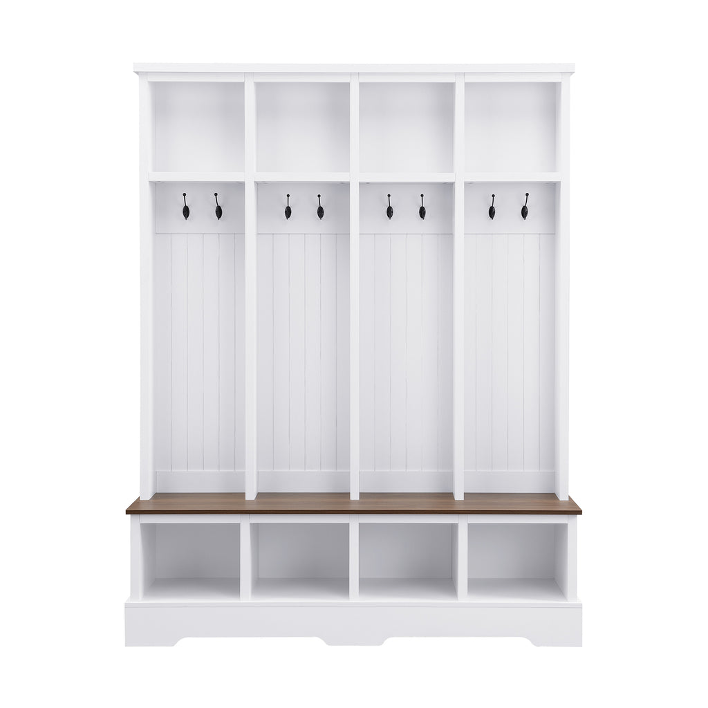 Farmhouse Hall Tree with 8 Hooks, Practical Entryway Bench with Open Compartments, 76.7'H Modern 3-in-1 Wooden Style Coat and Shoe Rack for Mudroom, Living Room, White (OLD SKU: N721P292601K) - Grand Goldman Shop