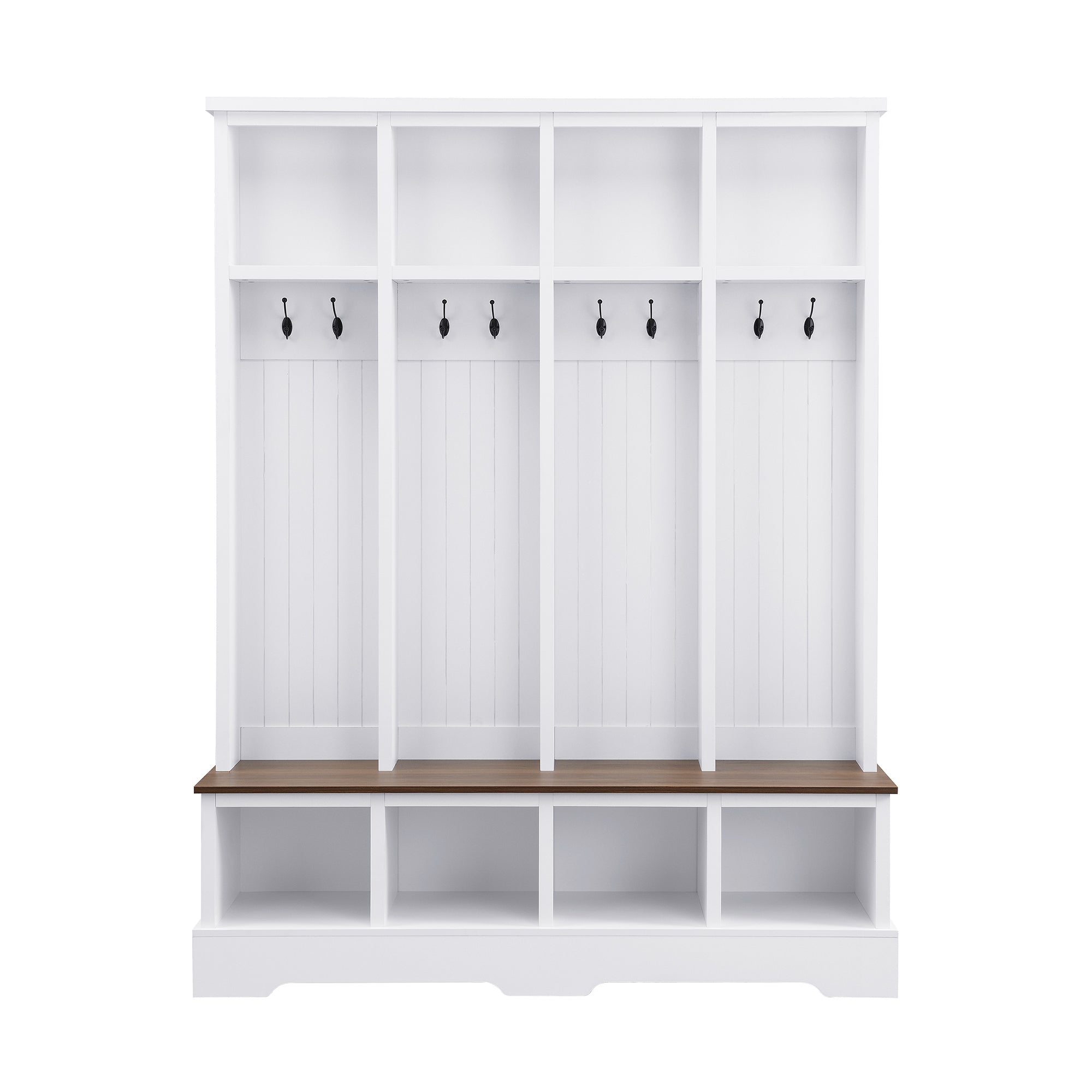 Farmhouse Hall Tree with 8 Hooks, Practical Entryway Bench with Open Compartments, 76.7'H Modern 3-in-1 Wooden Style Coat and Shoe Rack for Mudroom, Living Room, White (OLD SKU: N721P292601K) - Grand Goldman Shop