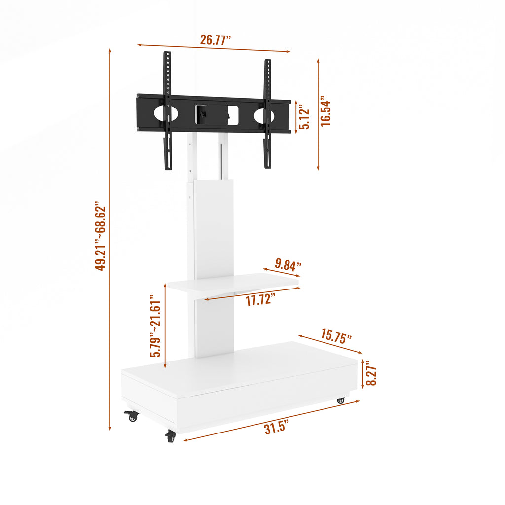 Versatile TV Stand with Push-Pull Drawer, Adjustable Height, Mobile Cart with Wheels, White MDF & Metal, 32-75 Inches - Grand Goldman Shop