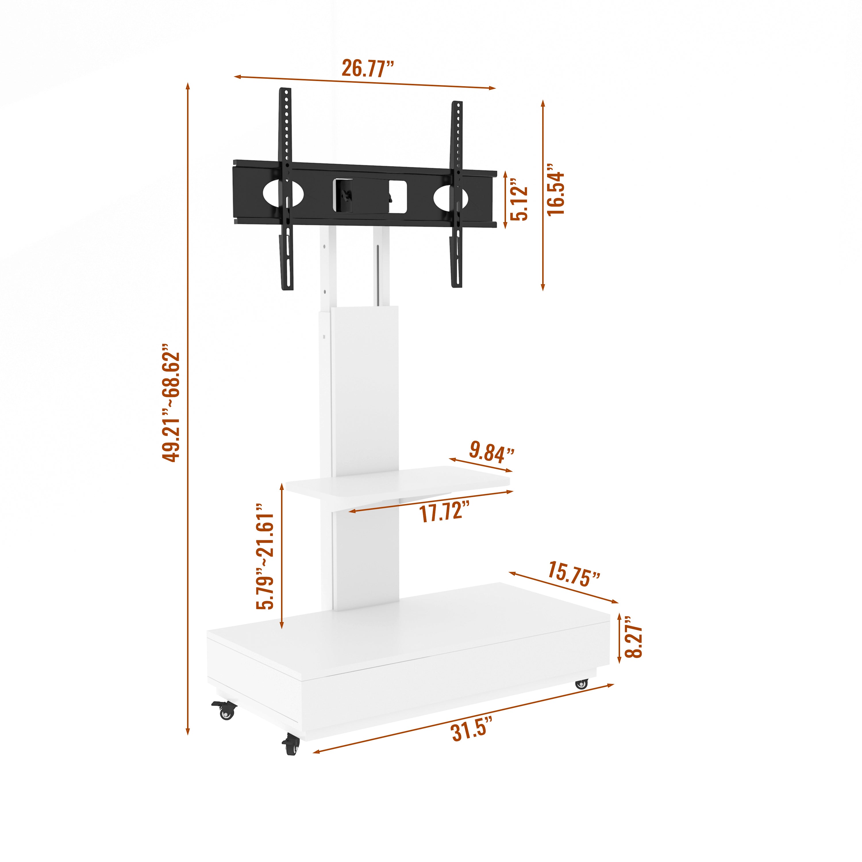 Versatile TV Stand with Push-Pull Drawer, Adjustable Height, Mobile Cart with Wheels, White MDF & Metal, 32-75 Inches - Grand Goldman Shop