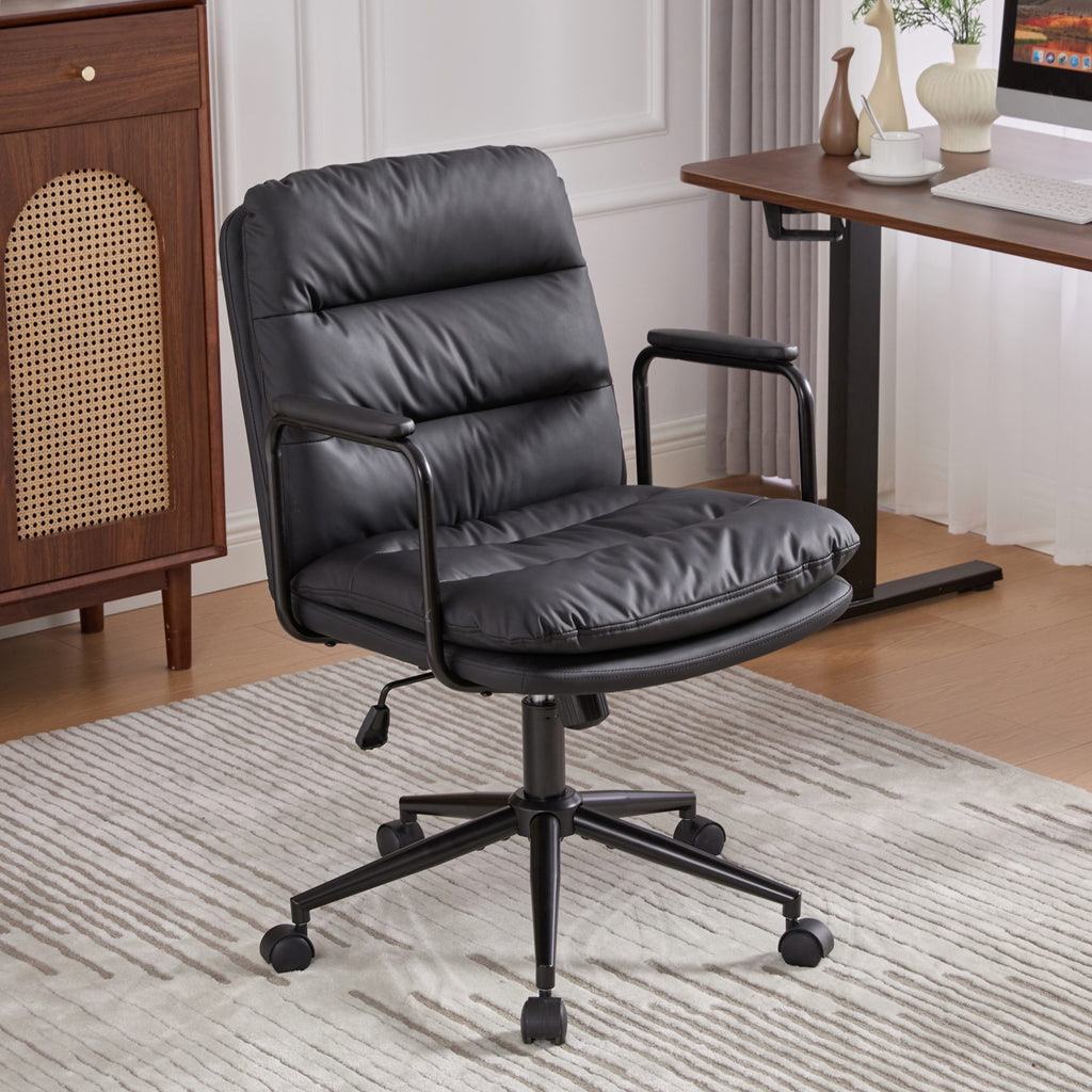 Office Chair,Mid Back Home Office Desk Task Chair with Wheels and Arms Ergonomic PU Leather Computer Rolling Swivel Chair wit