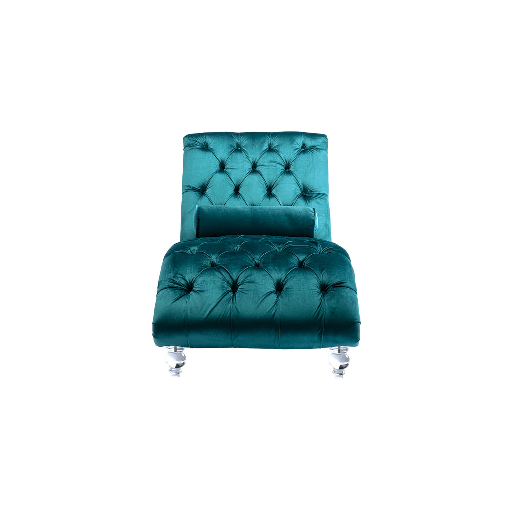 Velvet Chaise Lounge Indoor, Button-Tufted Upholstered Chaise Lounge Chair with Pillow, Teal Velvet, 63.38 inch - Grand Goldman Shop