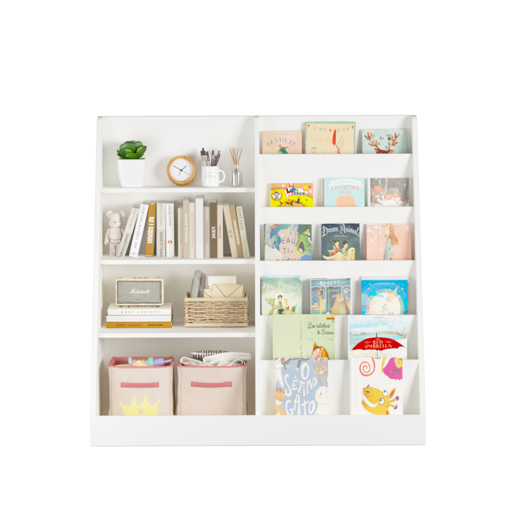 Kids Bookshelf and Toy Storage Organizer, Multifunctional 4-Tier White Wooden Bookcase with Toy Bin for Nursery, Playroom, or