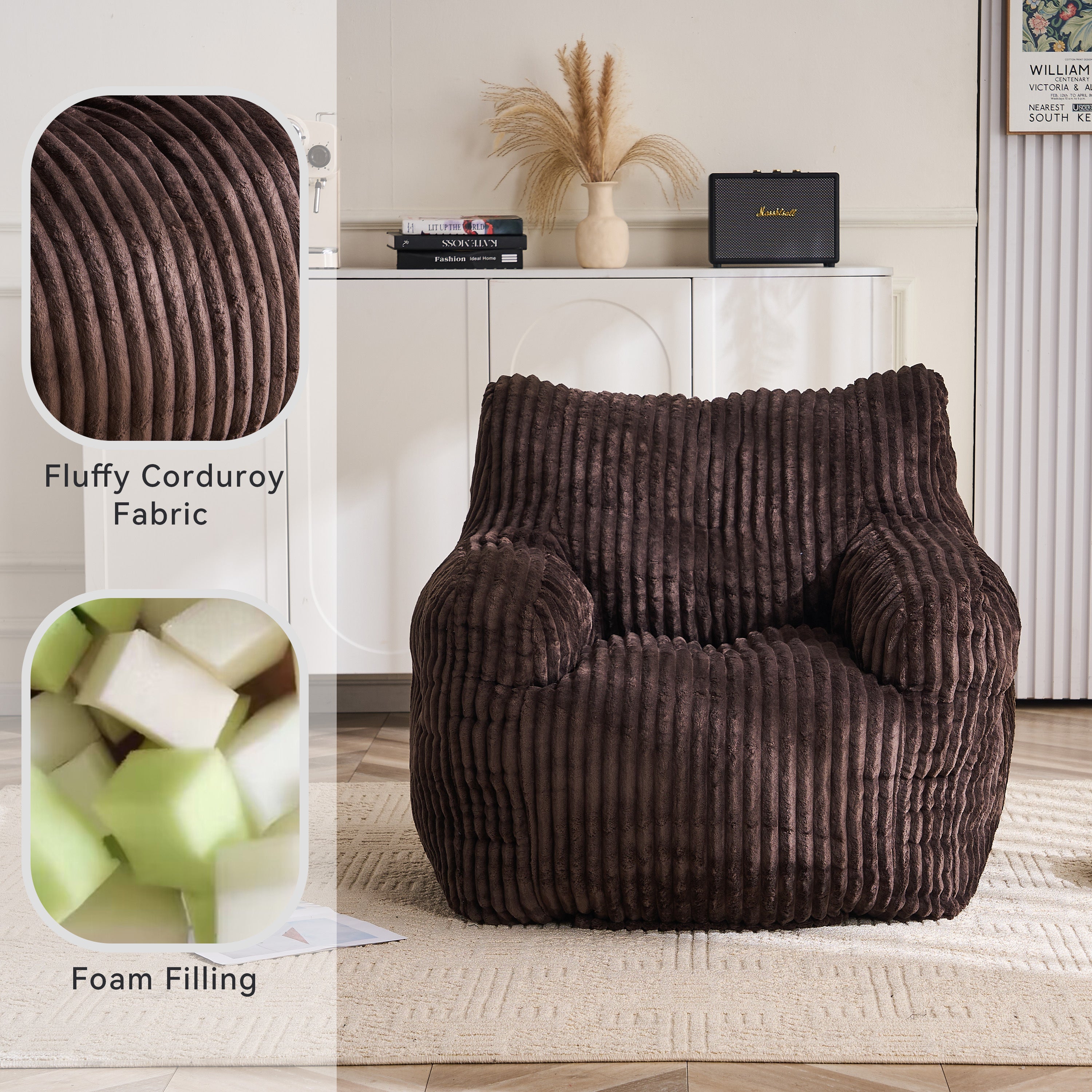 010-Soft Fluffy Corduroy Fabric Bean Bag Chair Filled With Memory Sponge,Brown - Grand Goldman Shop