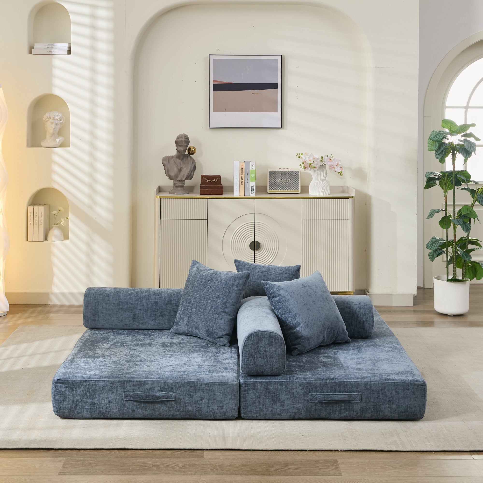 Comfy Convertible Folding Mattress Couch, Floor Sofa Bed, Chenille Floor Sofa with Armrest, Floor Sofa Lounge Couch for Living Room Bedroom Lounge Studio-Blue - Grand Goldman Shop