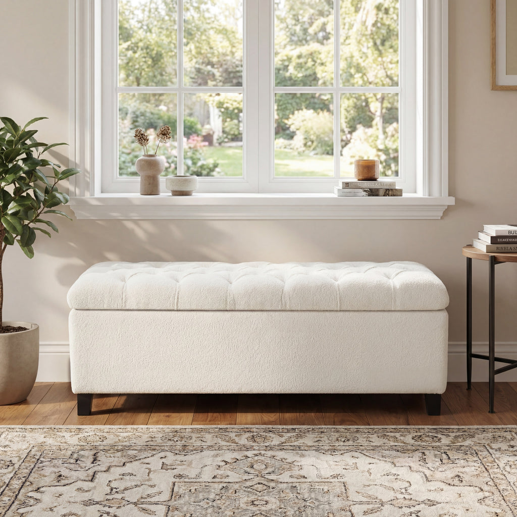 Ottoman Bench with Storage, White Boucle Surface, Rubber Wood Legs, 300 lbs Capacity - Grand Goldman Shop