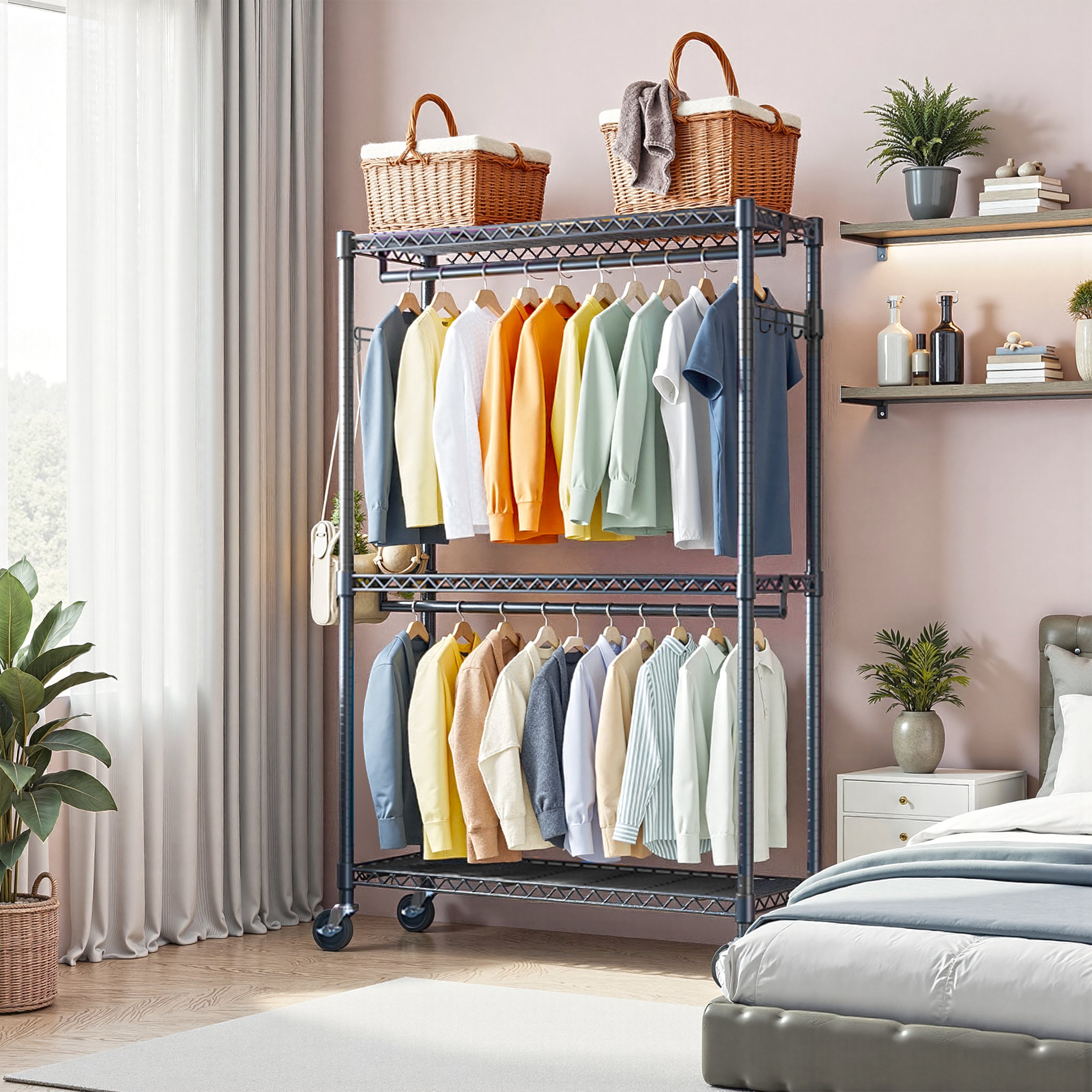 Heavy Duty Rolling Garment Rack 3 Tiers Adjustable Wire Shelving Clothes Rack with 2 Rods and Side Hooks,Storage Closet Clothing Rack with Wheels Black 15.7' D x 45.3' W x 79.6' H - Grand Goldman Shop