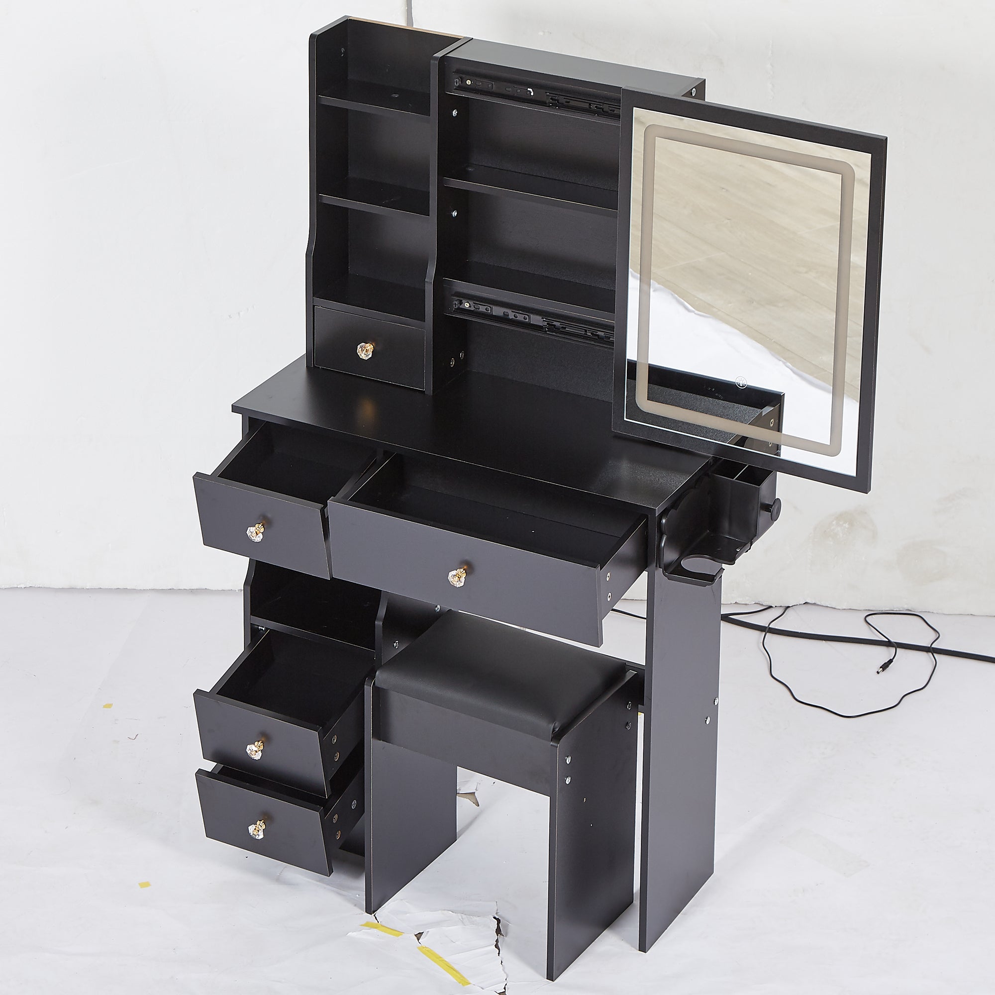 29.2' Small Size Drawer Desktop Vanity Table + Cushioned Stool, 2 AC+2 USB Power Station, Hair dryer bracket, Extra Large Touch Control Sliding LED Mirror, 3-color Switching, EPA, GCC, UL Certificate - Grand Goldman Shop