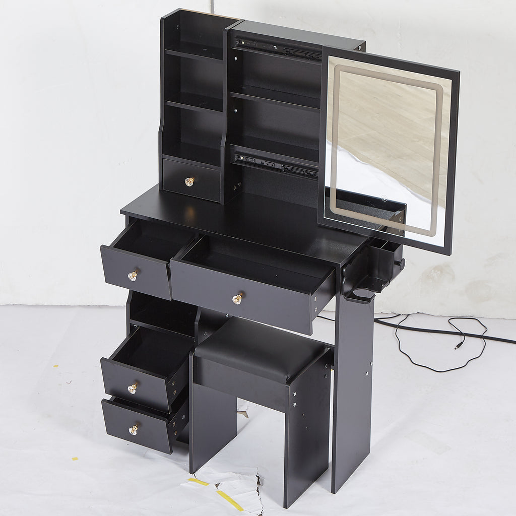 29.2' Small Size Left Drawer Desktop Vanity Table + Cushioned Stool, 2 AC+2 USB Power Station, Hair dryer bracket, Extra Large Touch Control Sliding LED Mirror, Tri-color Switching, Brightness Adjust - Grand Goldman Shop