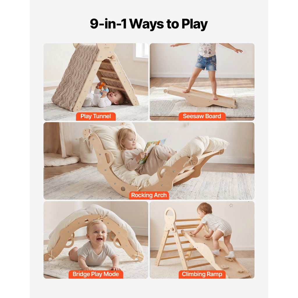 Pikler Triangle Set, 9-in-1 Toddler Climbing Toys Indoor, with 2 Wooden Cars, Cushion, Triangle, Arch, and Ramp, 150 lbs Load