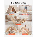 Pikler Triangle Set, 9-in-1 Toddler Climbing Toys Indoor, with 2 Wooden Cars, Cushion, Triangle, Arch, and Ramp, 150 lbs Load