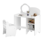 Kids Vanity Table with Mirror and Chair, Wooden Children's Dressing Makeup Desk with Storage Shelves, Study and Activity Tabl