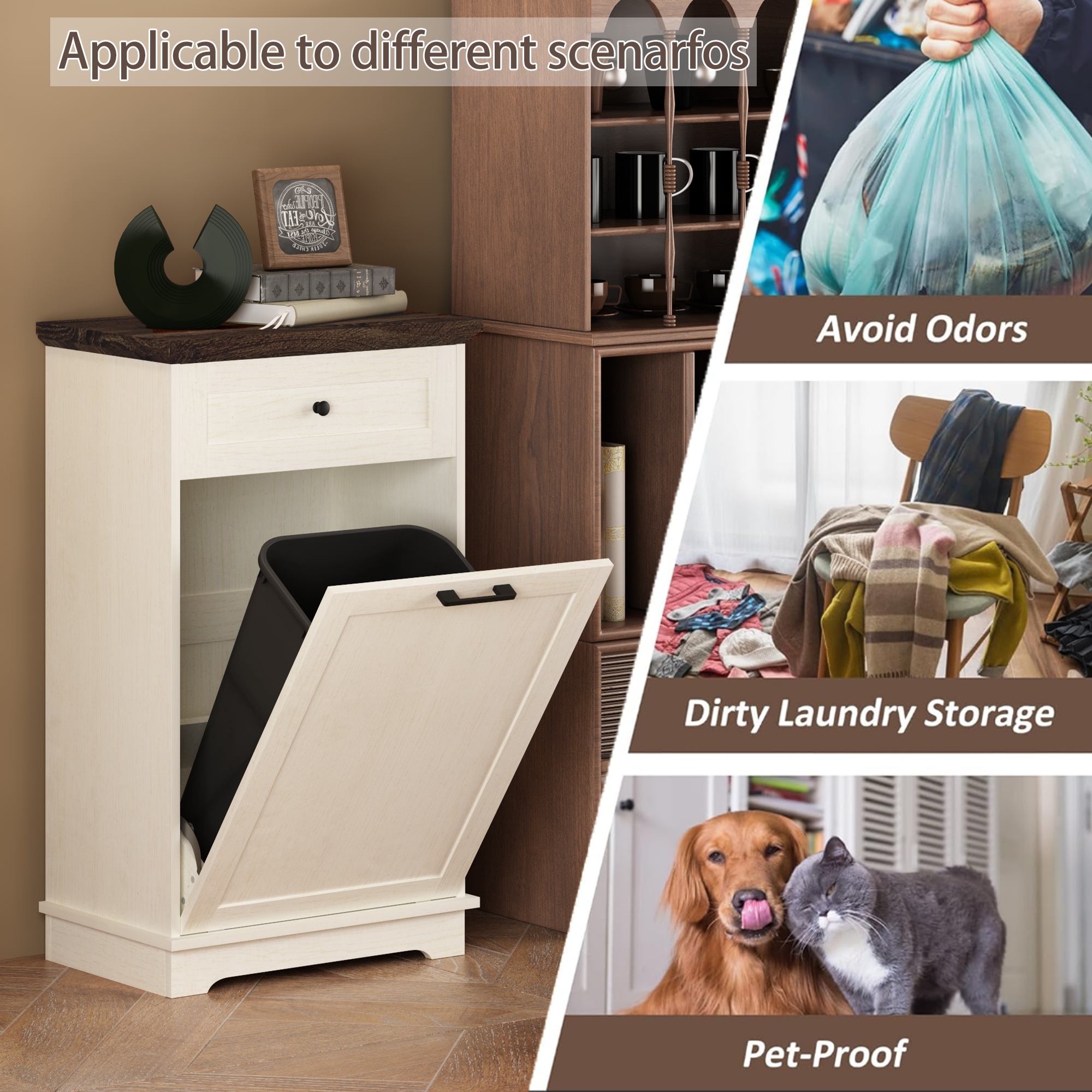 10 Gallon Tilt Out Trash Cabinet Freestanding Trash Bin Cabinet Wood Garbage Recycling Cabinet with Drawer Pet Proof Trash Can Holder for Kitchen Living Room, Antique White (Not include trash can) - Grand Goldman Shop