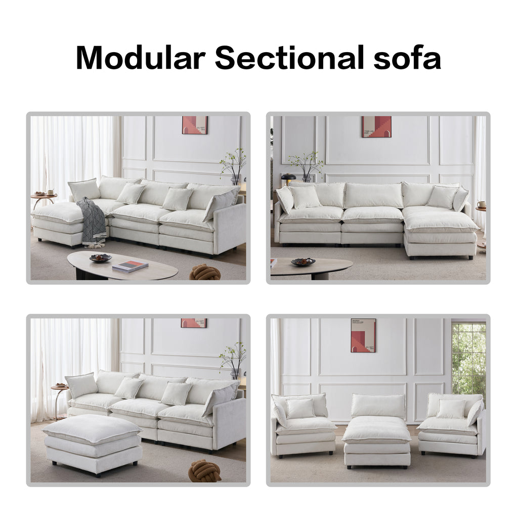 105' Modular Sectional Couch,Upholstered Soft Chenille Fabric Sofa,3 Seater with Ottoman L Shape Sofa Beige - Grand Goldman Shop