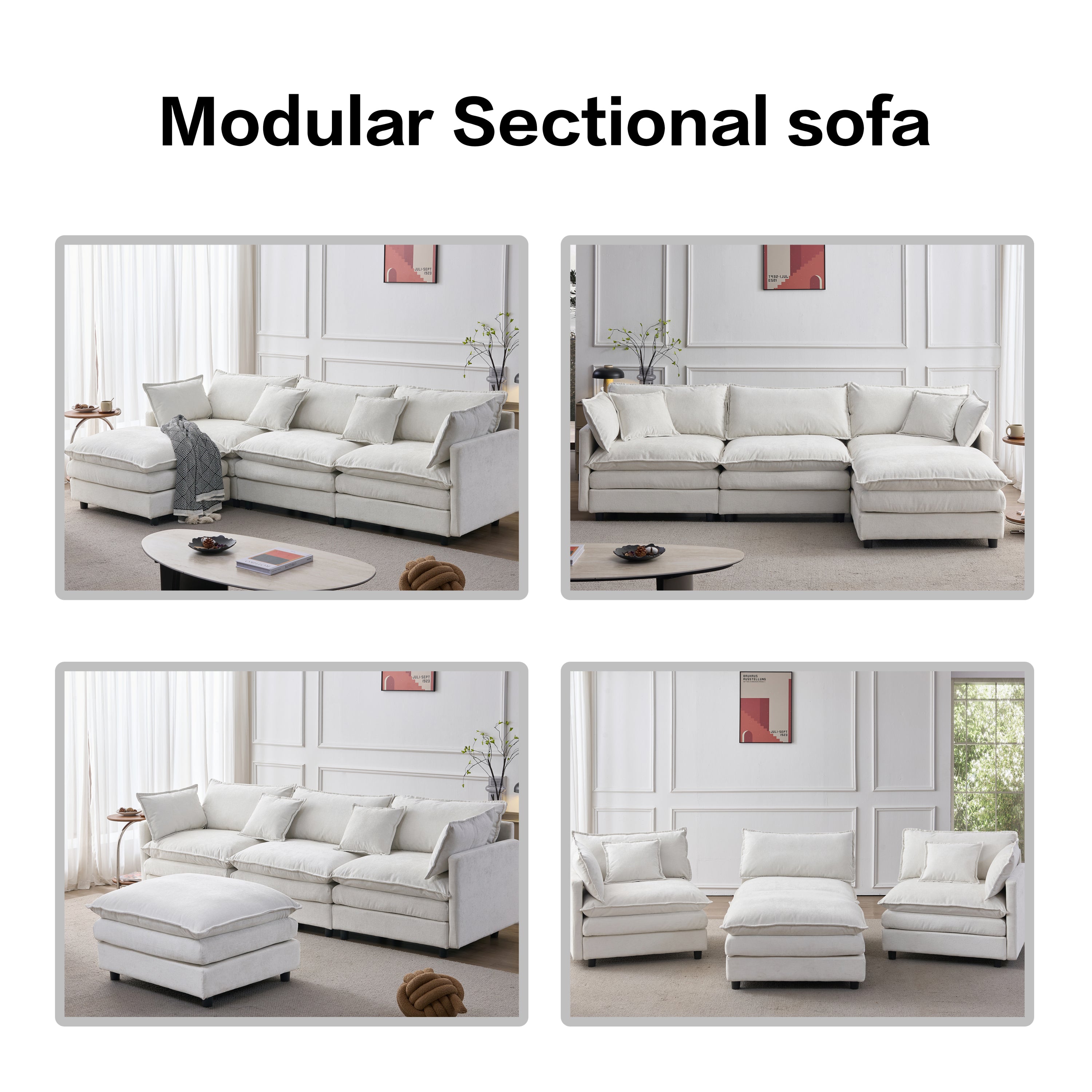 105' Modular Sectional Couch,Upholstered Soft Chenille Fabric Sofa,3 Seater with Ottoman L Shape Sofa Beige - Grand Goldman Shop