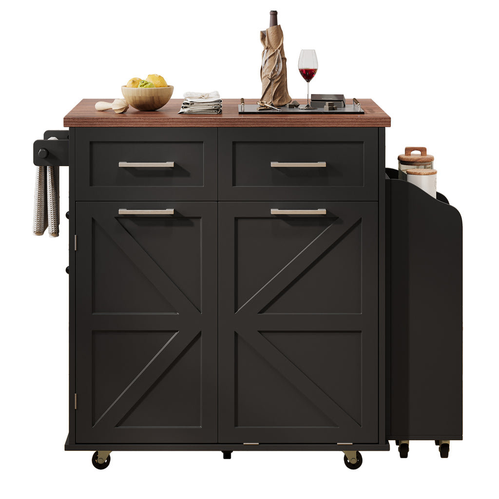 K&K 47.2' Farmhouse Kitchen Island with Drop Leaf, Kitchen Storage Island with Removable Side Racks, Two Drawers, Rolling Kitchen Cart on Wheels with Towel Rack, for Home, Kitchen, Dining Room, Black - Grand Goldman Shop