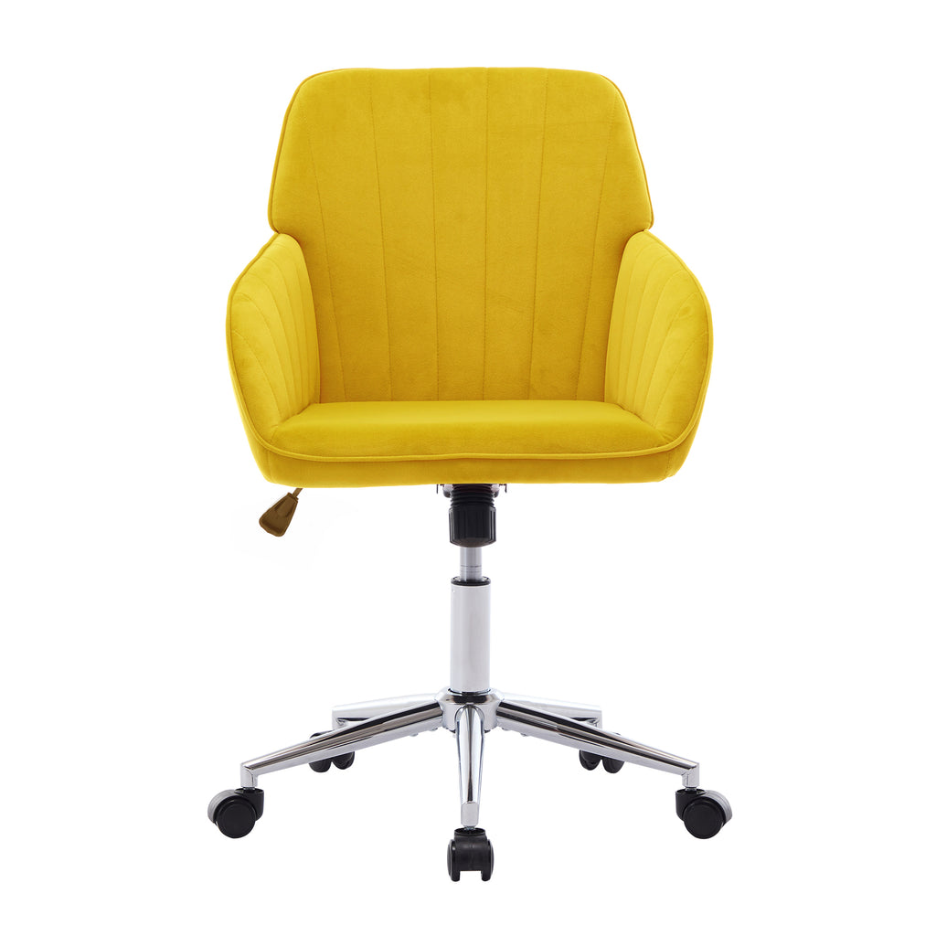 TY Modern Office Chair with Gold Base, Bright Yellow Velvet Upholstery, Wide Backrest and Adjustable Height for Home or Offic