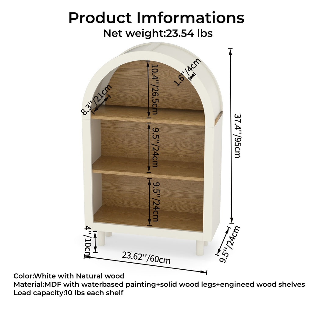 Arched Small Bookcase,Arched Storage Cabinet,Wooden Modern Arched Top Bookshelf with 3 Shelves,White with Woodgrain Shelves, 3-Tier Storage Shelf for Living Room, Bedroom, Entryway - Grand Goldman Shop
