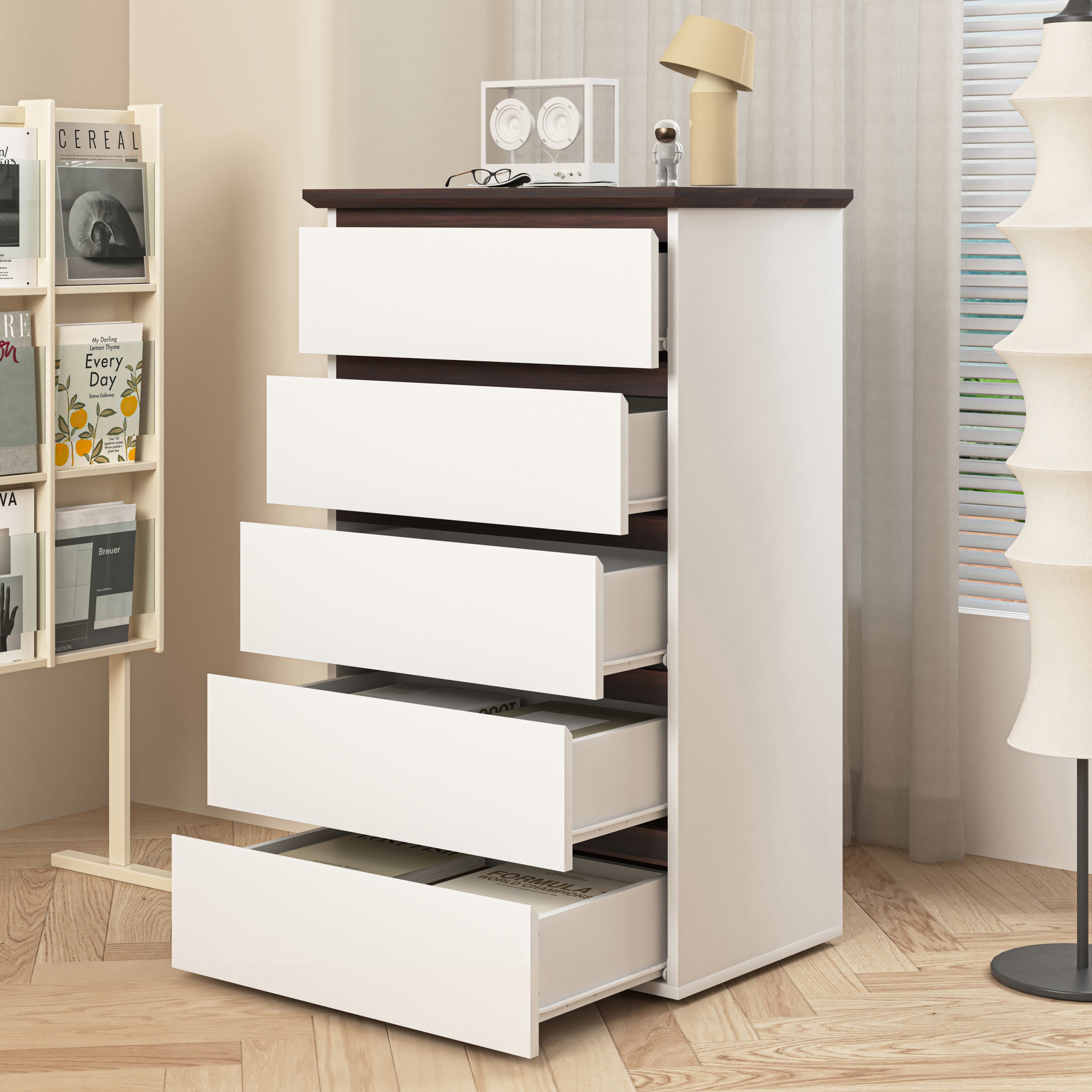 5 Drawer Dresser for Bedroom,  Modern Closet Dressers Chest of Drawers, White & Walnut color Storage Dresser Chest Cabinet Organizer Unit - Grand Goldman Shop