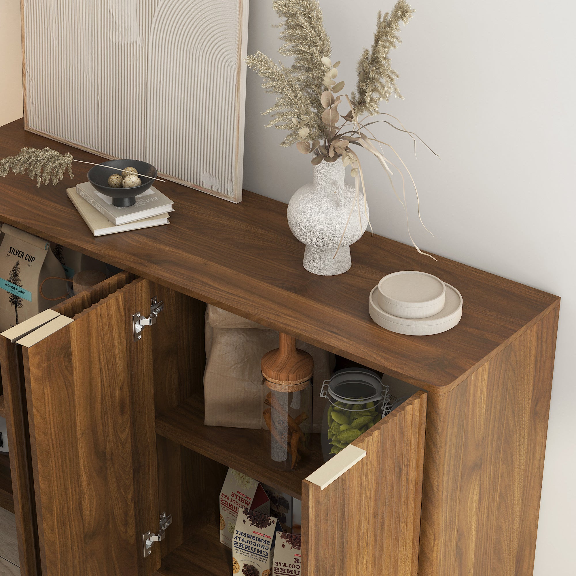 Wood Modern Buffet Cabinet with Storage, Fluted Sideboard Large Buffet with Adjustable Shelves, Credenza, Accent Cabinet Console Table - Grand Goldman Shop