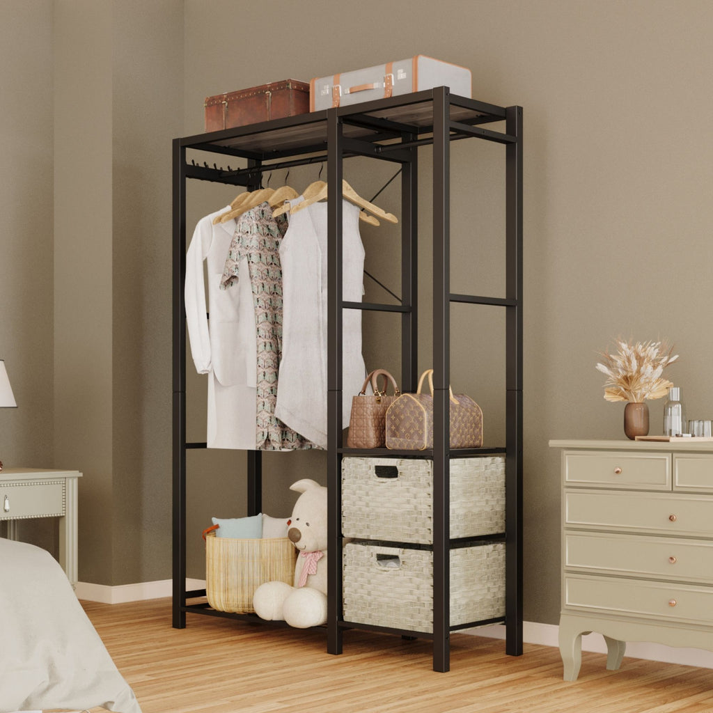 Acacia Wood Garment Rack with Shelves, 2 Wicker Drawers, 4 Hooks, Heavy Duty Closet Organizer, Light Gray - Grand Goldman Shop