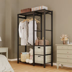 Acacia Wood Garment Rack with Shelves, 2 Wicker Drawers, 4 Hooks, Heavy Duty Closet Organizer, Light Gray - Grand Goldman Shop