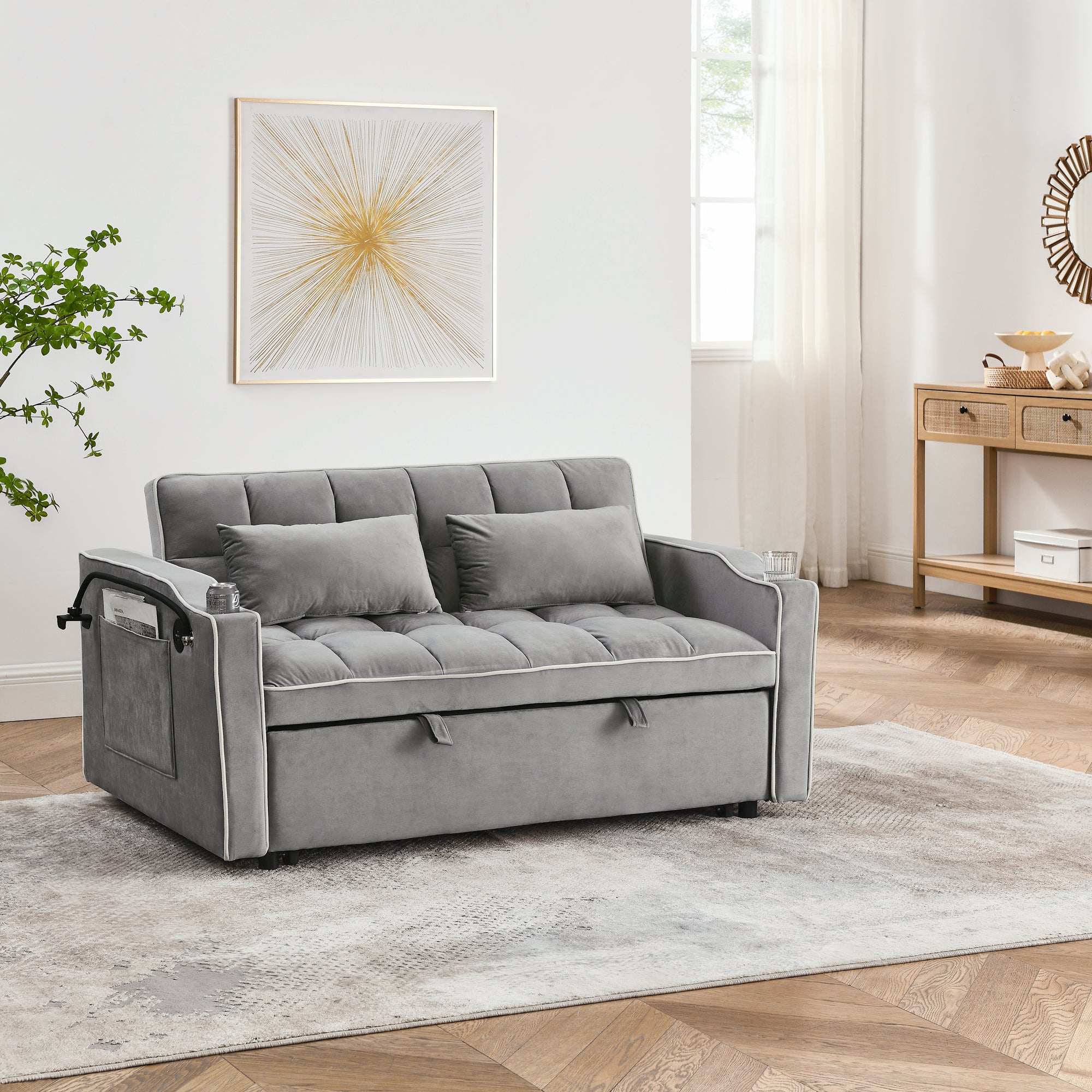 55.51 inch versatile foldable sofa bed in 3 lengths, modern sofa sofa sofa velvet pull-out bed, adjustable back and with USB port and ashtray and swivel phone stand (Grey) - Grand Goldman Shop