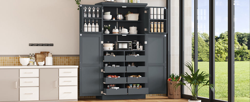 [Assembly Video Provided] TOPMAX 35.5x17.6x70.9inch Freestanding Kitchen Pantry Cabinet, Tall Storage Cabinet with 4 Doors, 2 Door Shelves, 8 Pull-out Trays and Adjustable Shelf for Dining Room, Gray - Grand Goldman Shop