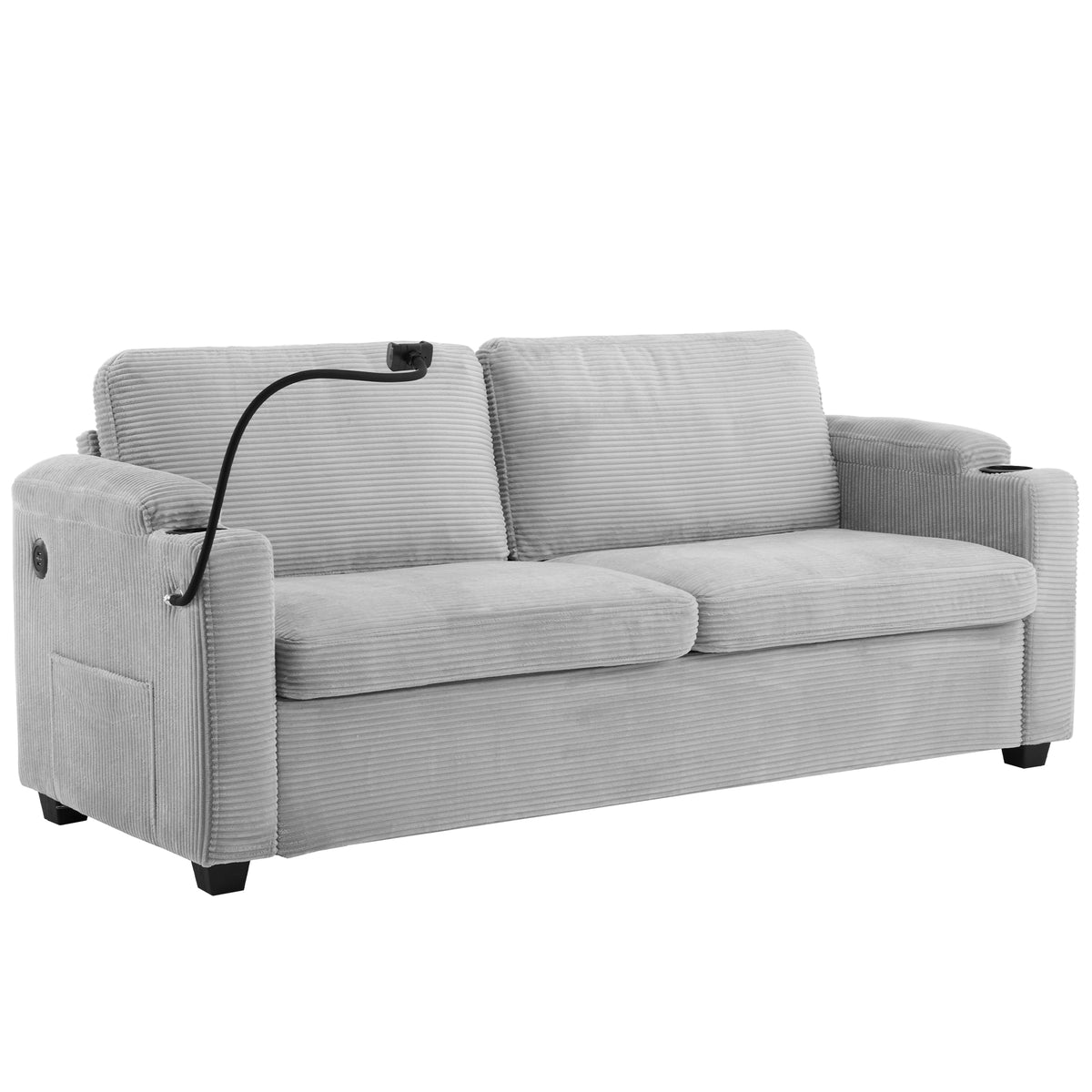 Corduroy Sleeper Sofa Loveseat with Full Size Mattress, USB Ports, Cup Holders, Side Pockets, and Phone Holder, Grey - Grand Goldman Shop
