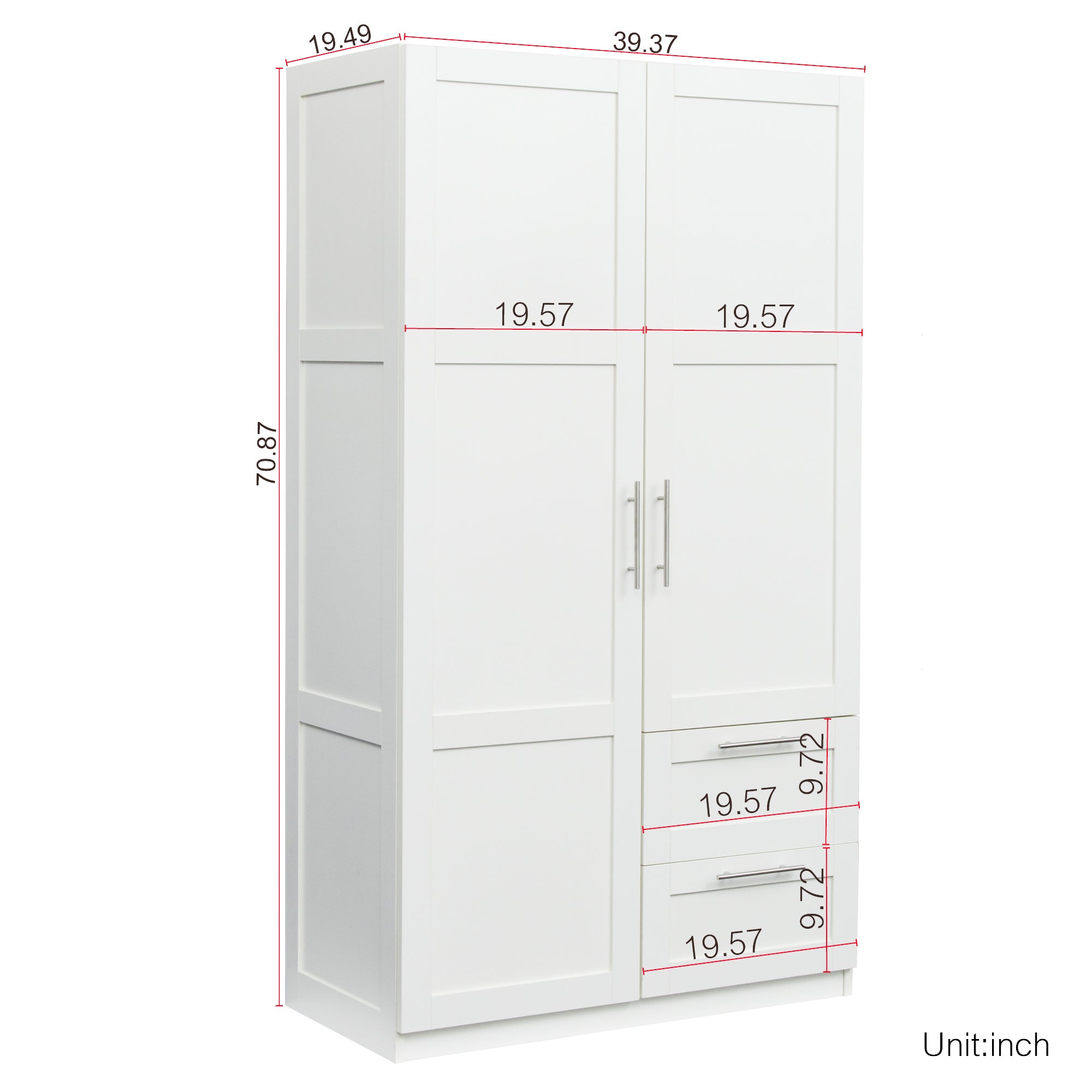 High wardrobe and kitchen cabinet with 2 doors, 2 drawers and 5 storage spaces,white - Grand Goldman Shop