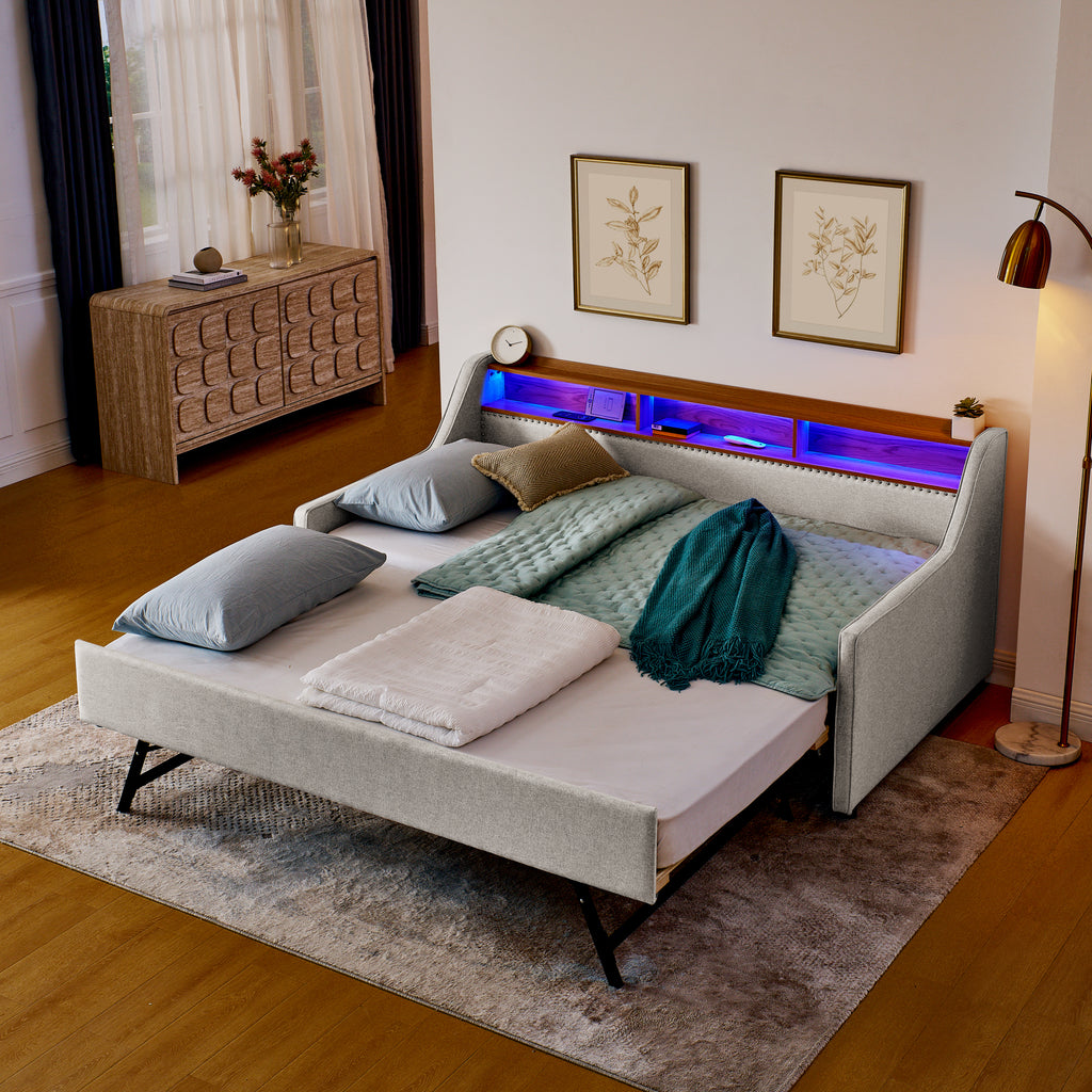 Beige Linen Upholstered Twin Sofa Bed with LED Lights, Wireless Charging, Adjustable Headboard Storage & Foldable Trundle, 80.5''x46''x34'' - Grand Goldman Shop