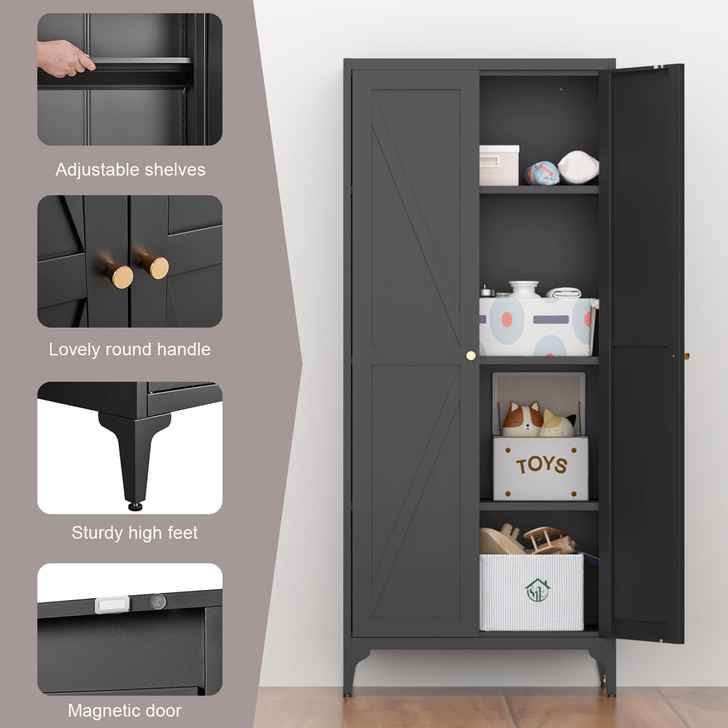 Black Metal Adjustable 2-Door Kitchen Pantry Cabinet with Striped Design and Gold Handles, Tall Steel Storage Locker for Kitc