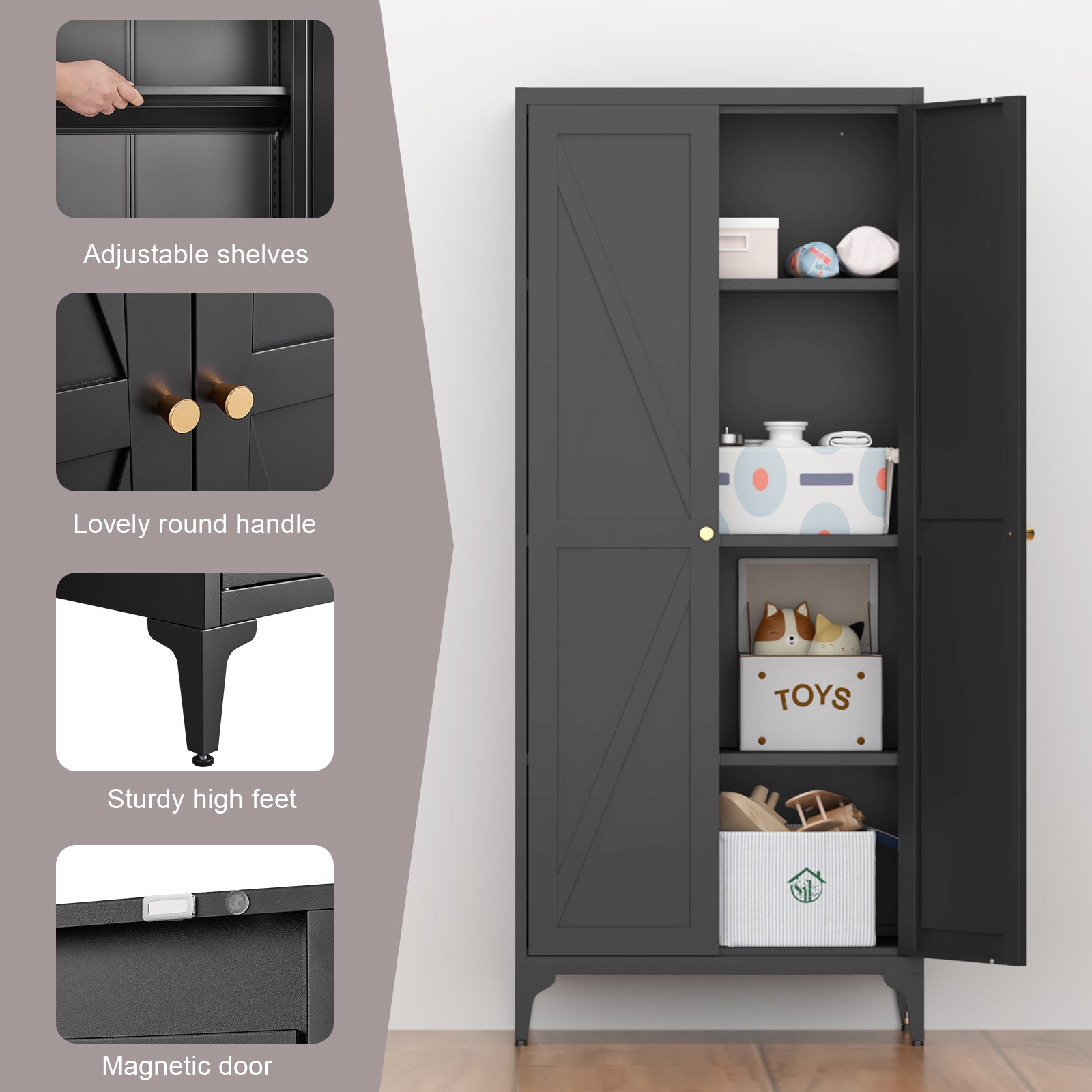 Black Metal Adjustable 2-Door Kitchen Pantry Cabinet with Striped Design and Gold Handles, Tall Steel Storage Locker for Kitc