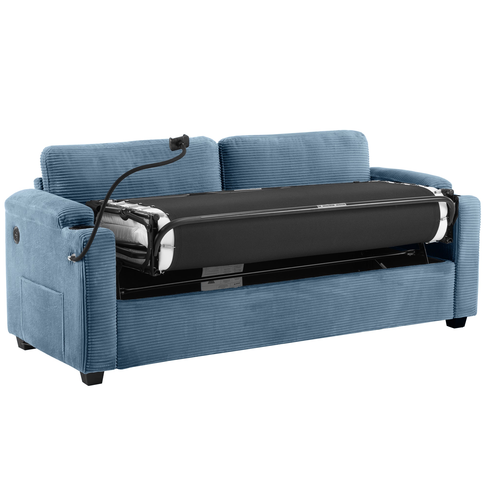 Navy Blue Corduroy Sleeper Sofa Loveseat with Full Size Mattress, USB Ports, Cup Holders, Side Pockets and Phone Holder - Grand Goldman Shop