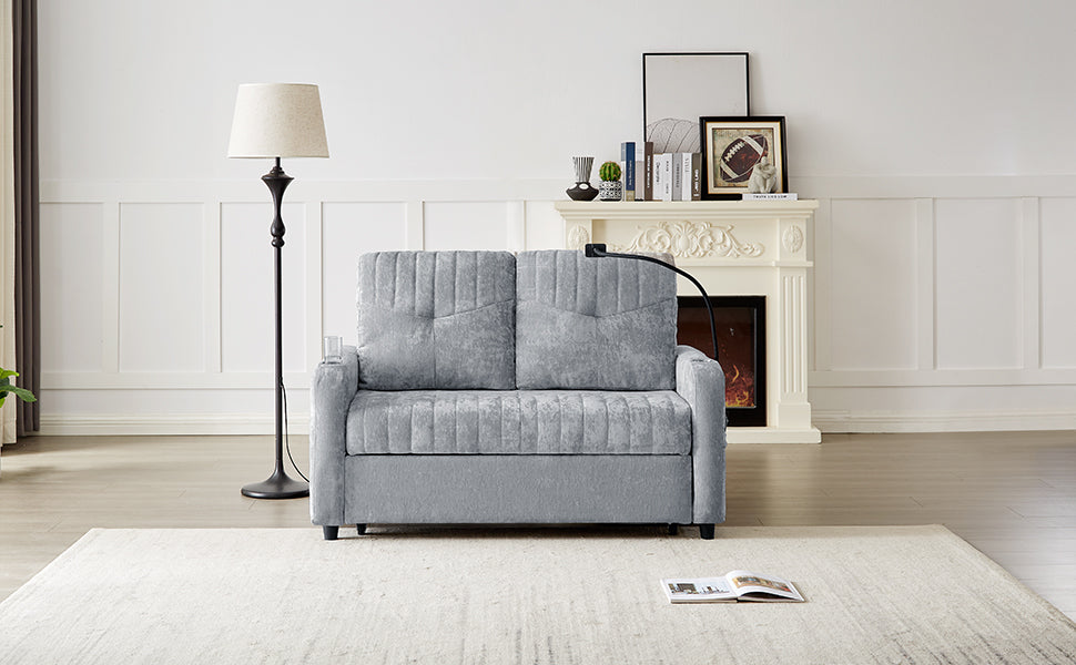 Modern Loveseat Pull-out Sofa Bed with Adjustable Backrest, Cup Holders, Phone Holder, Charging Ports, Side Storage Pockets, Grey Chenille - Grand Goldman Shop