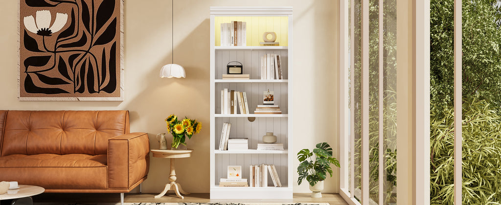 83.4' Tall Wood Bookcase with light strip,5-Tier Decor Bookshelves with Adjustable Shelves,Storage Organizer for CDs/Books,Free Standing Storage Shelves for Living Room,Home Office,White - Grand Goldman Shop