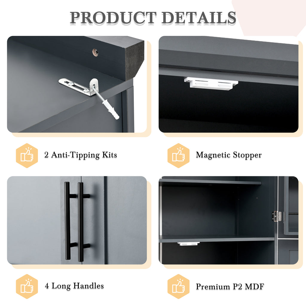 [Assembly Video Provided] TOPMAX 35.5x17.6x70.9inch Freestanding Kitchen Pantry Cabinet, Tall Storage Cabinet with 4 Doors, 2 Door Shelves, 8 Pull-out Trays and Adjustable Shelf for Dining Room, Gray - Grand Goldman Shop