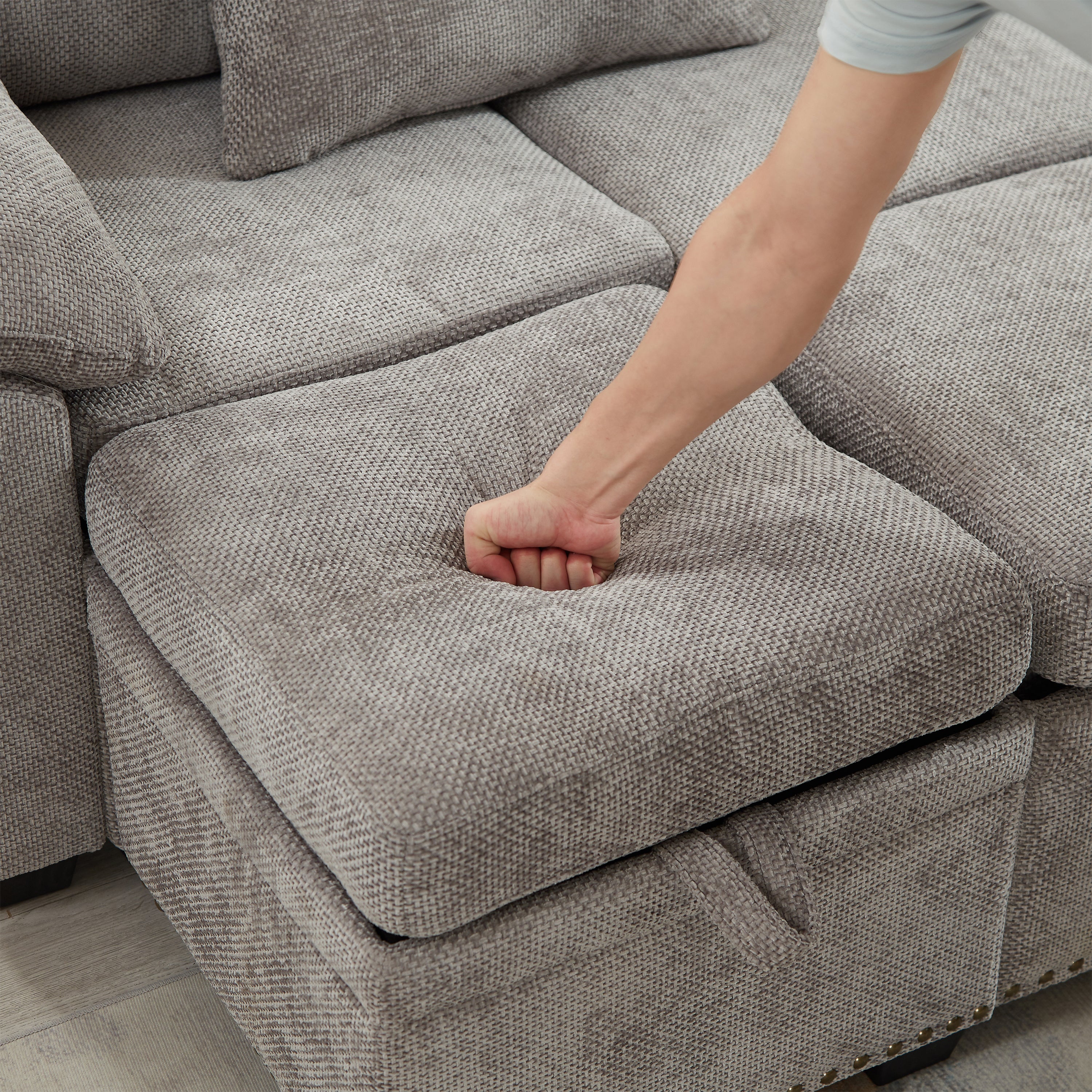 97 Inch L-Shaped Corner Sectional Sofa Couch with Storage Ottoman,Chenille Fabric Couch with 7 Seats & 2 Pillows for Living Room, Modern, Small Space, Easy Assembly,Grey - Grand Goldman Shop
