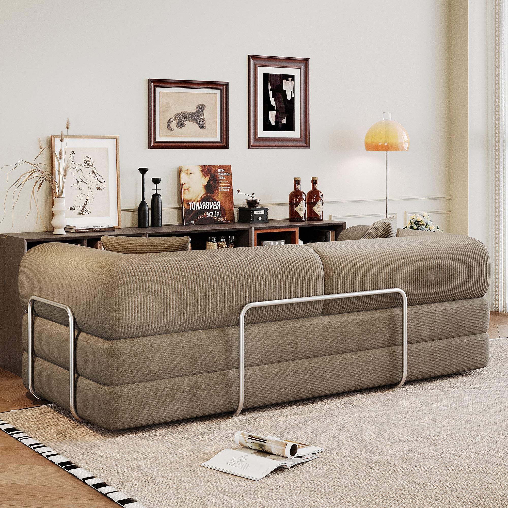 78.8' Compression Sofa,Convertible Floor Sofa Bed-with Pillow Back Support Armrest,Comfy Futon Couch Sleeper Bed,Loveseats Boneless Modular Sectional Sofa,Corduroy fabric,for Living Room,Bedroom,Camel - Grand Goldman Shop